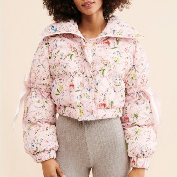 Selkie Jackets & Blazers - Selkie The Marshmellow Puffer Pink Floral Cropped Coquette Puff Sleeve Coat XS